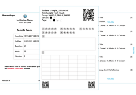 Image of the SwiftAssess SmartPaper product, showing a sample of the question sheet, cover sheet, and answer sheet