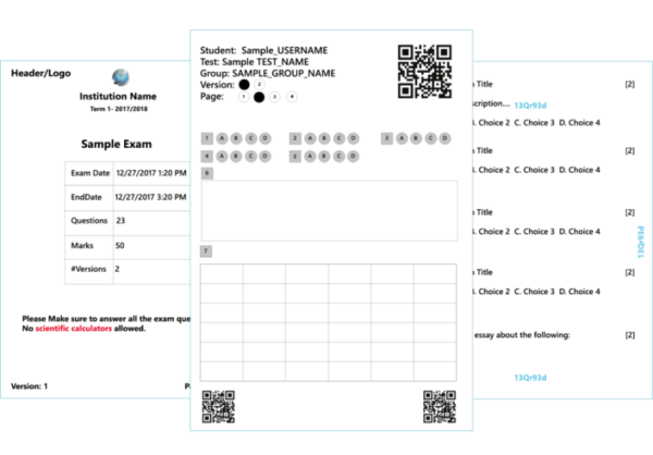 صورة لمنتج SwiftAssess SmartPaper ، تُظهر عينة من ورقة الأسئلة ، وورقة الغلاف ، وورقة الإجابة